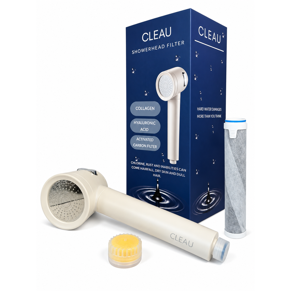 CLEAU Filtered Shower Head Activated Carbon Filter with Collagen + Hyaluronic Acid – White