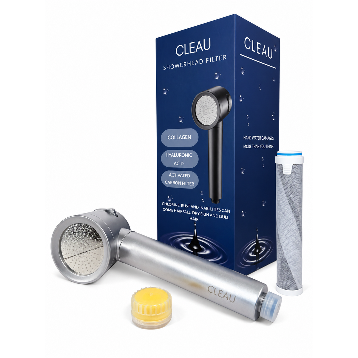 CLEAU Filtered Shower Head Activated Carbon Filter with Collagen + Hyaluronic Acid – Chrome