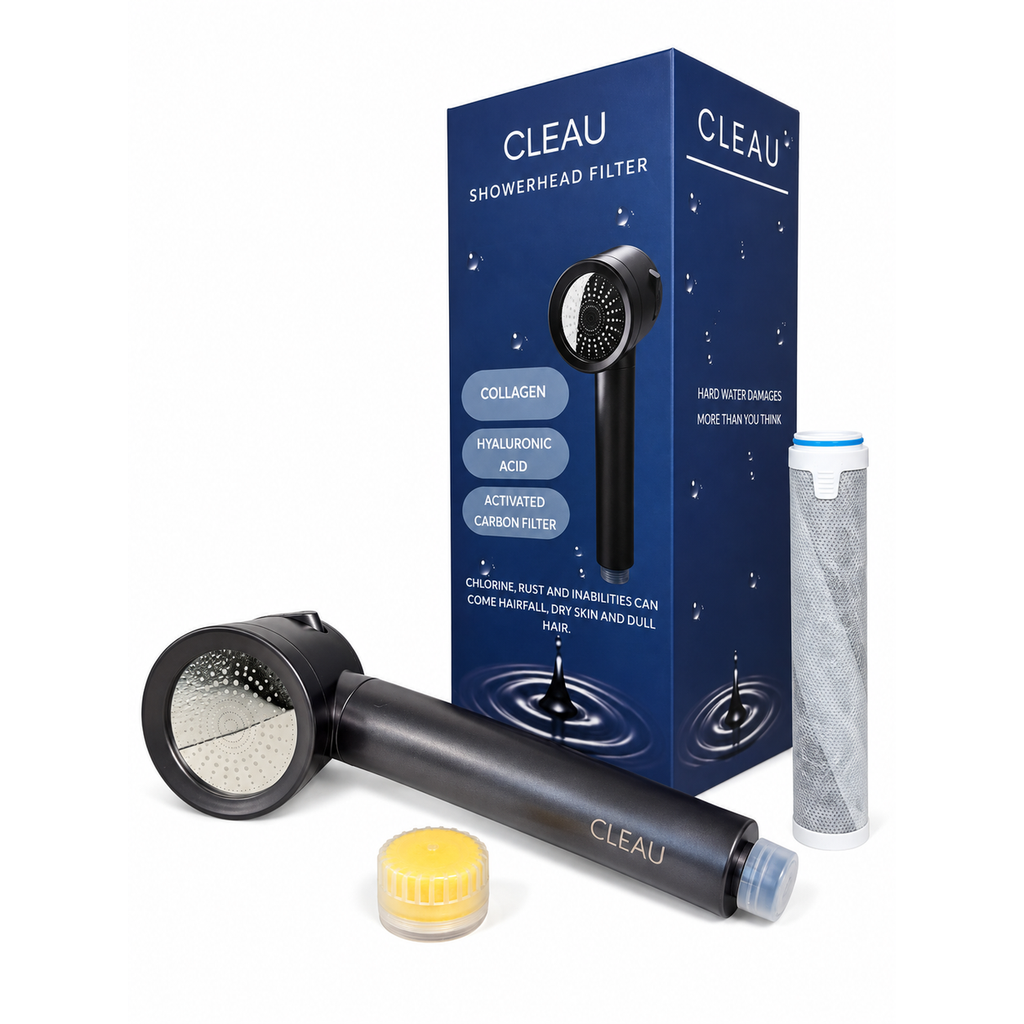 CLEAU Filtered Shower Head Activated Carbon Filter with Collagen + Hyaluronic Acid – Dark Gray