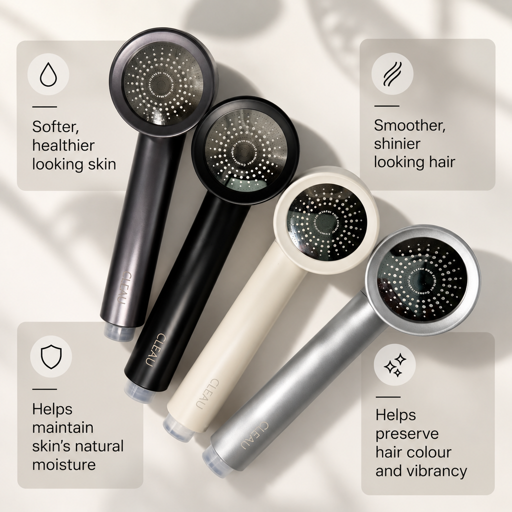 CLEAU Filtered Shower Head Activated Carbon Filter with Collagen + Hyaluronic Acid – White
