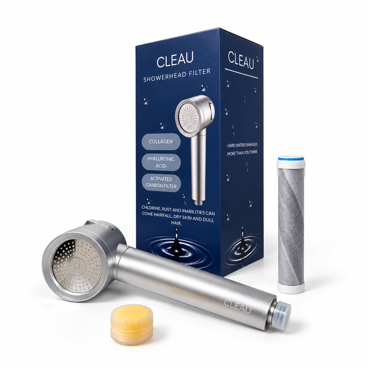 CLEAU Filtered Shower Head Activated Carbon Filter with Collagen + Hyaluronic Acid – Chrome