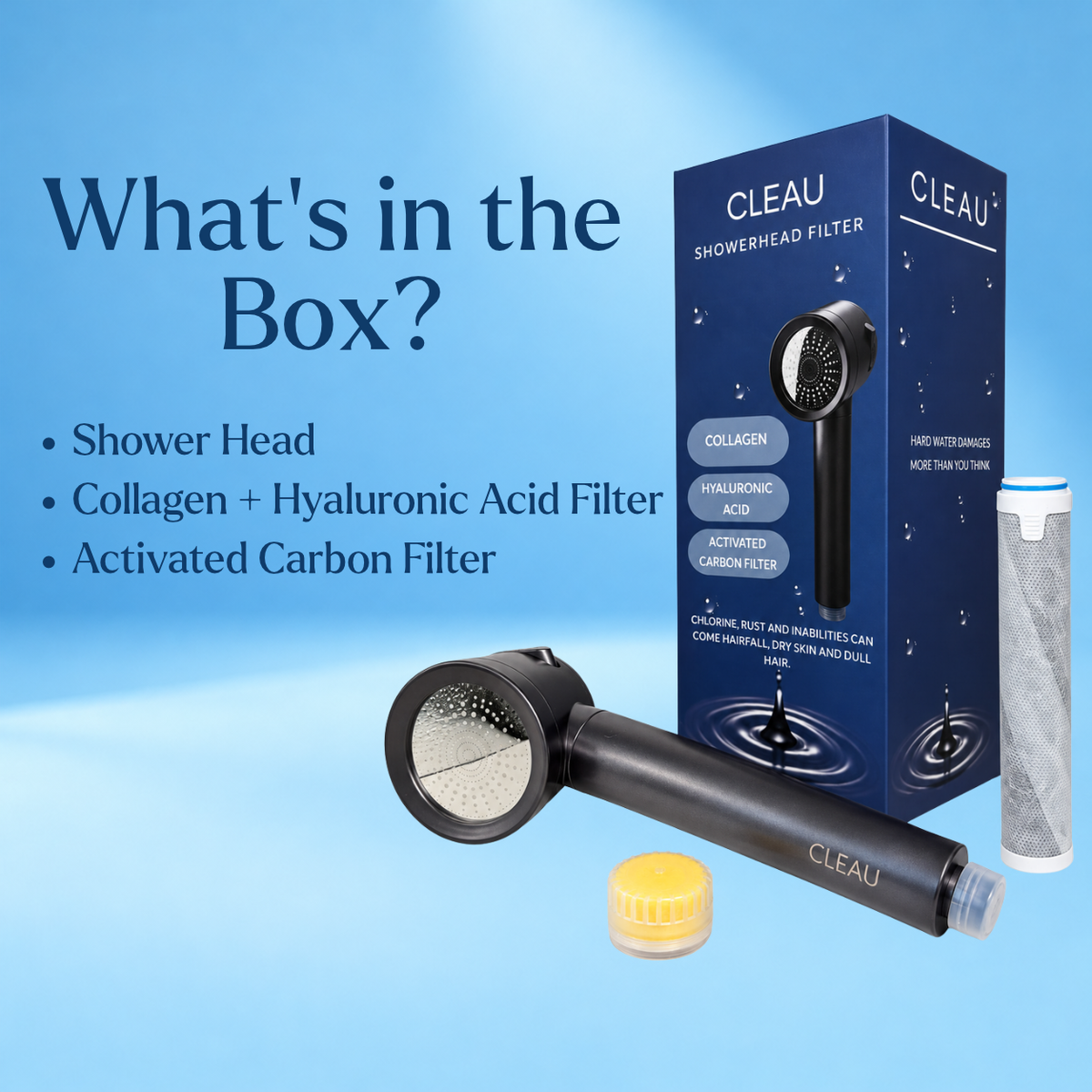 CLEAU Filtered Shower Head Activated Carbon Filter with Collagen + Hyaluronic Acid – Dark Gray