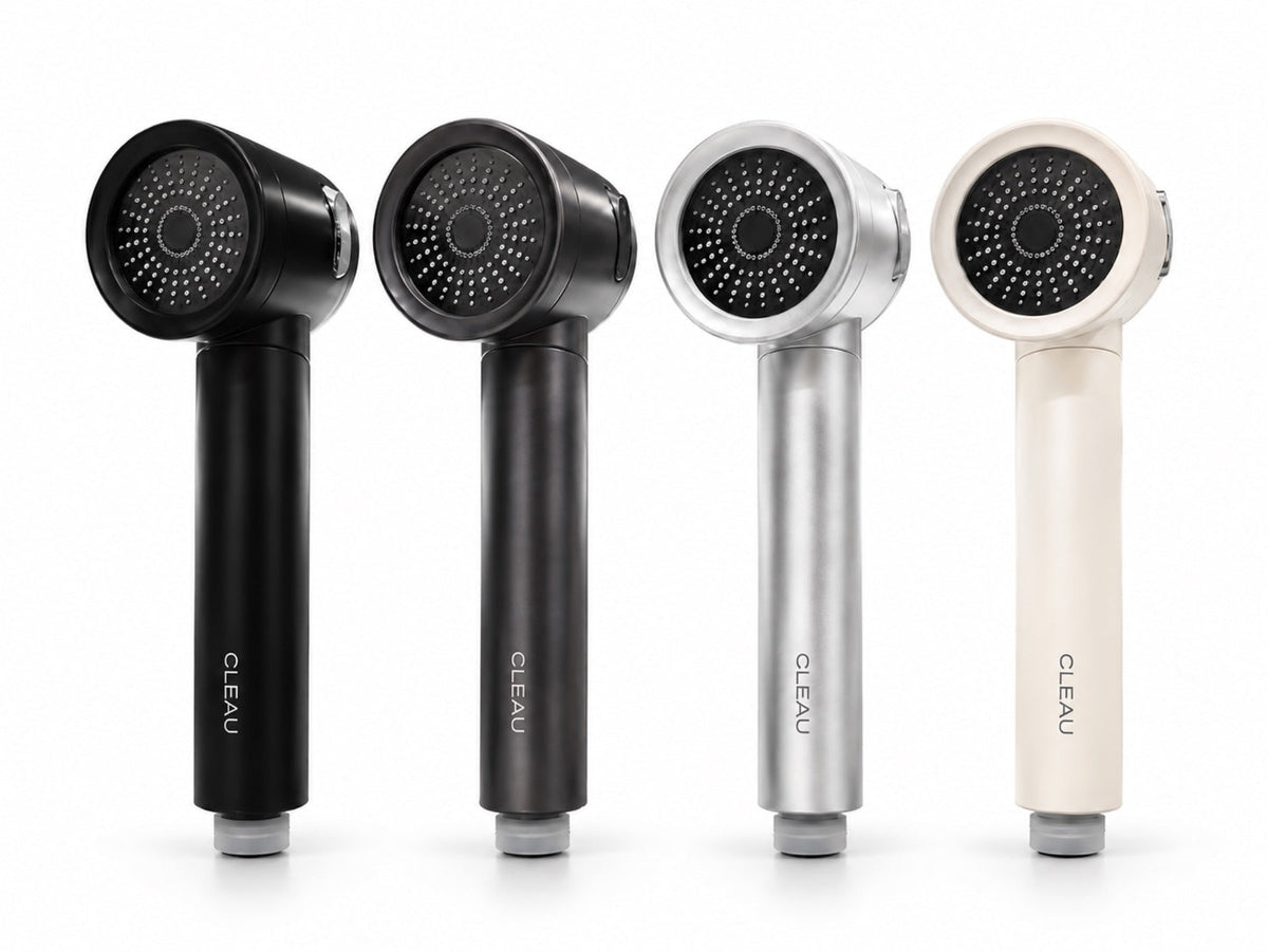 CLEAU filtered shower heads in Black, Chrome and White finishes