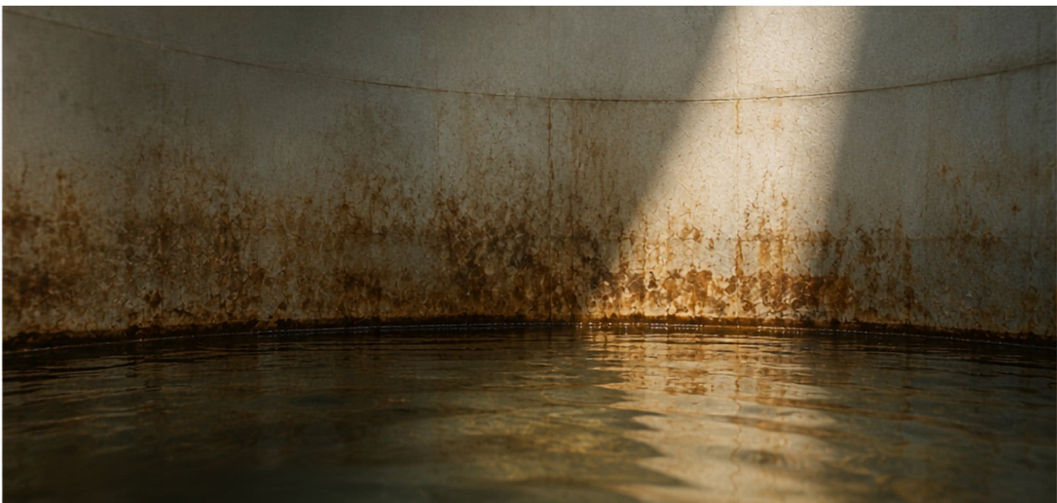 Rooftop water storage tank exposed to UAE heat